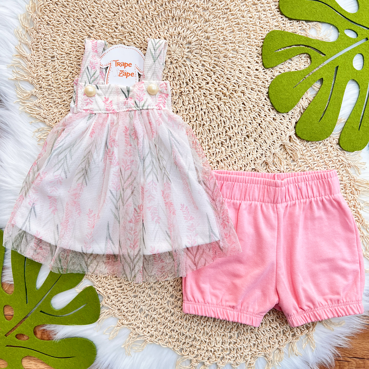 Conj. Batinha Plantinhas em Tule com Short - Off White e Rose
